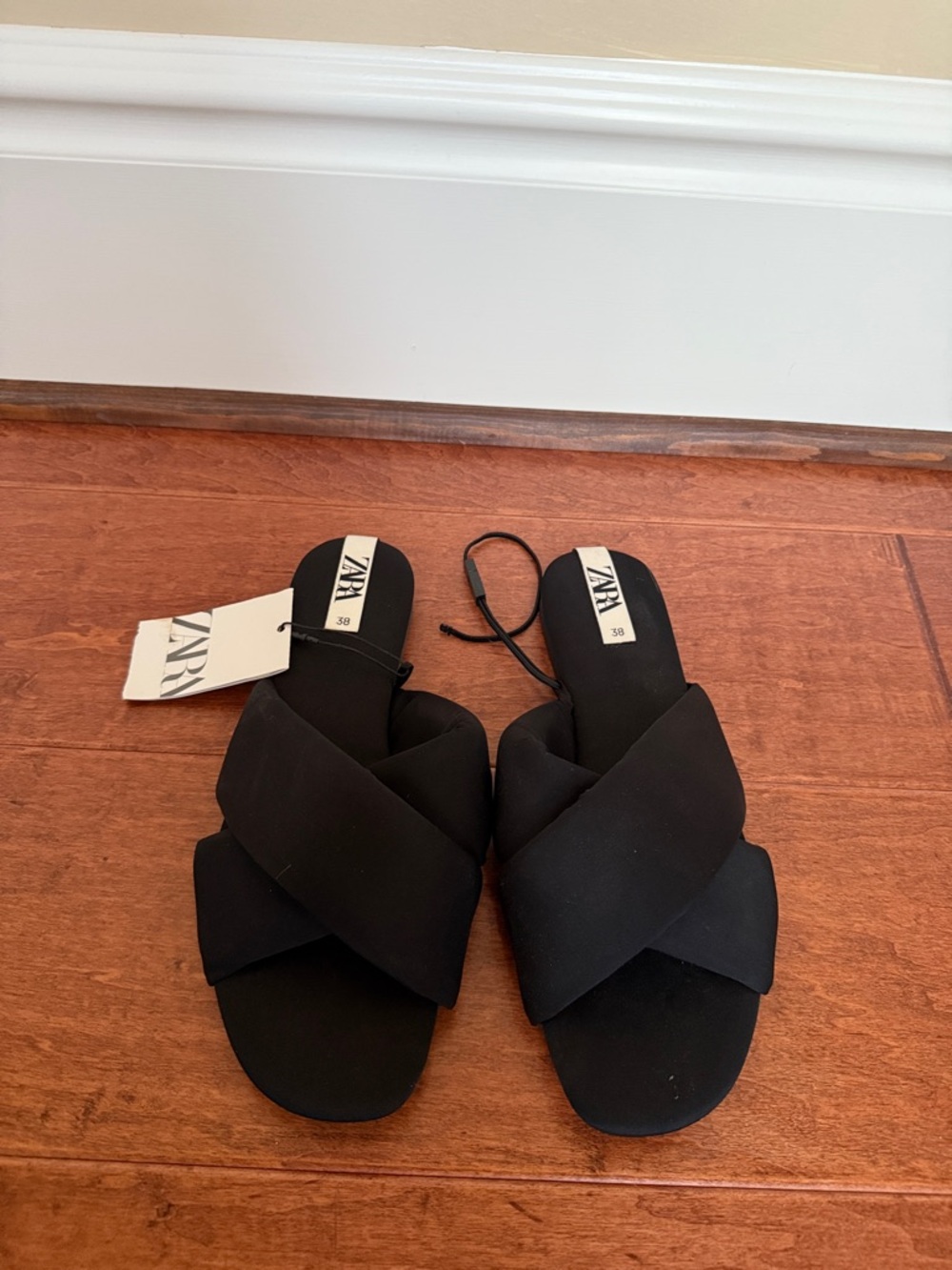 ZARA Black Padded Cross-Over Slide Sandals